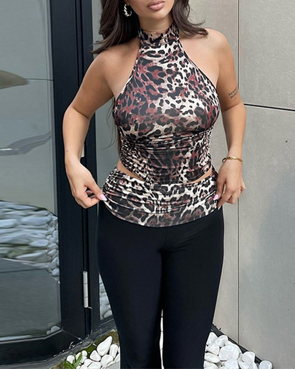 Leopard Print Paneled Flared Trousers Suit