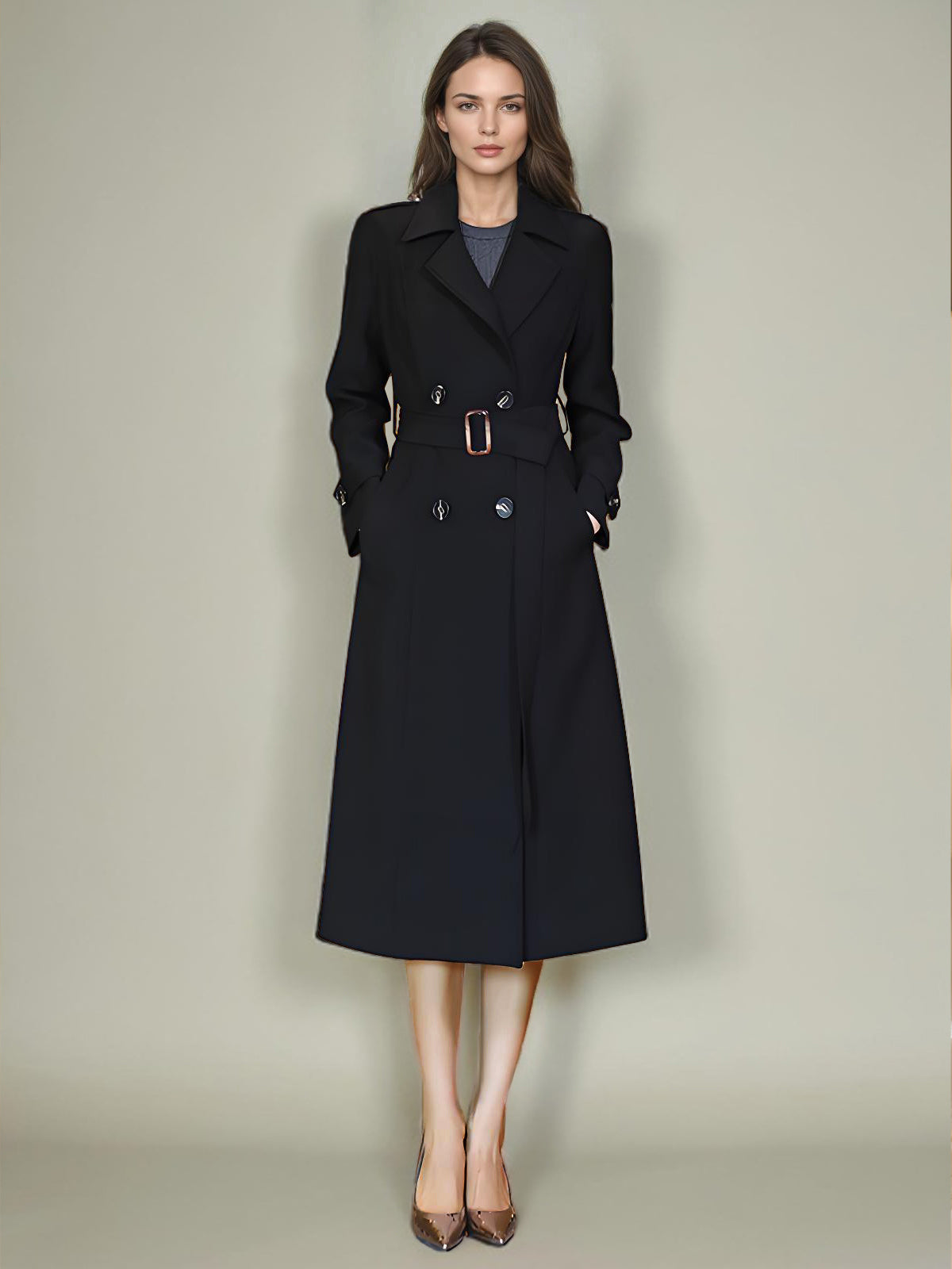Women's Trench Coat Practical Buttons Turndown Collar Long Sleeves Polyester Lace-up