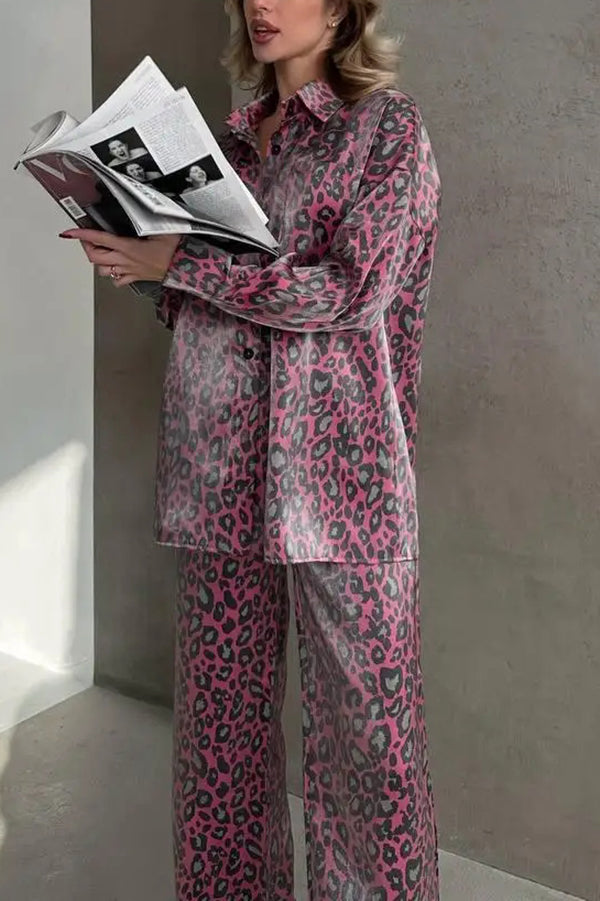 Leopard Print Long-sleeved Casual Top and Loose Elastic Waist Tie Pants Set