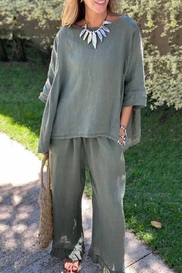 Casual Solid Color Loose Top & Pants Cotton Linen Two-piece Set