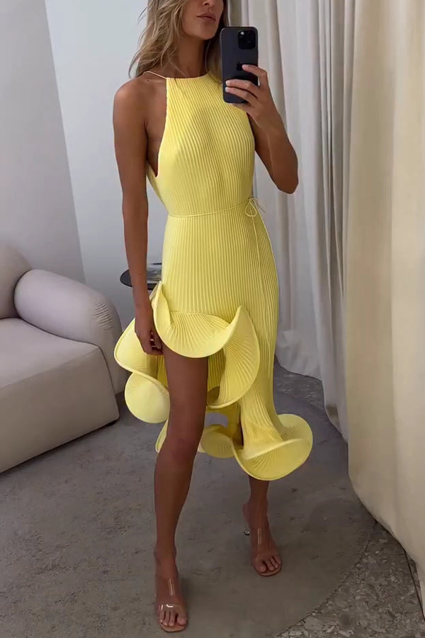 Butter Summer Pleated  Sleeveless Waist Tie Irregular Ruffle Dimensional Hem Midi Dress