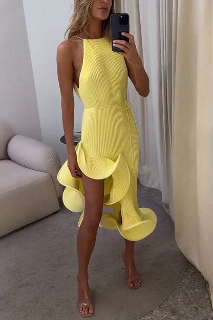 Butter Summer Pleated  Sleeveless Waist Tie Irregular Ruffle Dimensional Hem Midi Dress