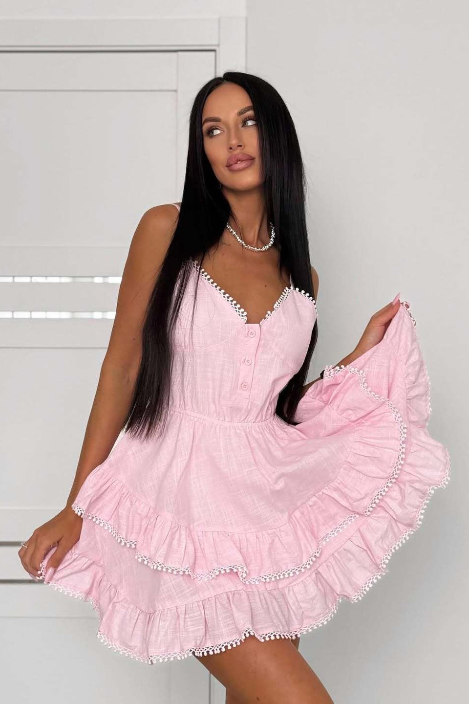 V Neck Button Front Pom Trim Tiered Ruffle Mini Dress