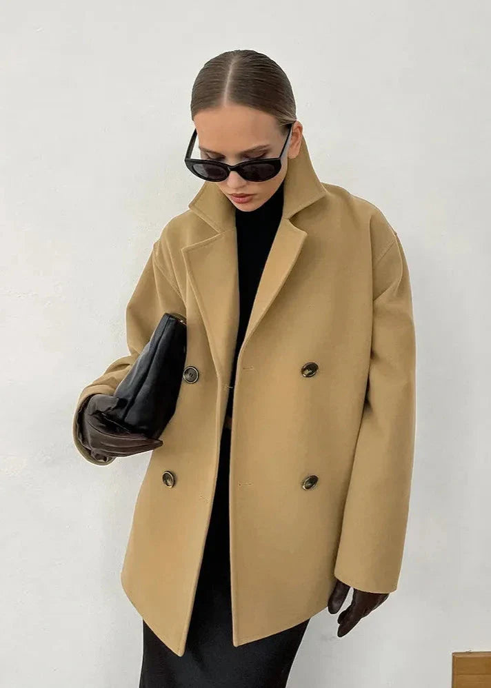 Classic Double-Breasted Camel Wool Coat