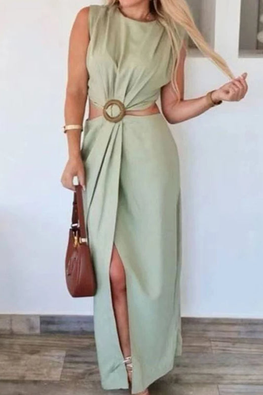 Ring Detail Waist Cutout Split Hem A-Line Midi Dress