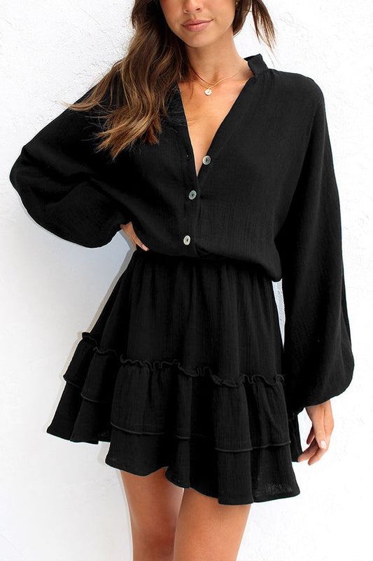 Button Long Sleeve Loose Shirt Dress Elastic Waist Ruffle Skirt