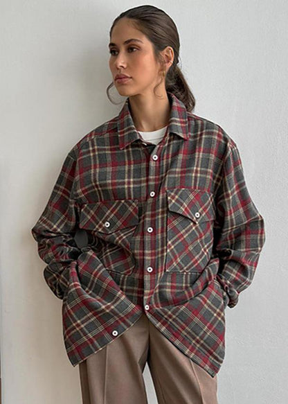 Retro Plaid Women's Shirt - Minimalist Long Sleeve