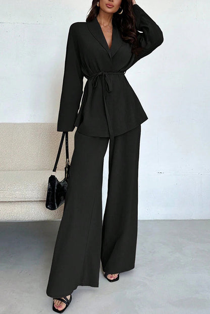 Solid Color Collared Long-sleeved Tie-waist Loose Top and Elastic Waist Casual Wide-leg Pants Set