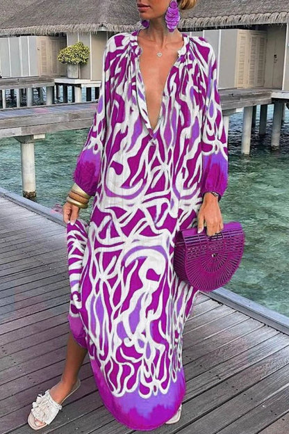 Printed V-neck Long-sleeved Loose Dress