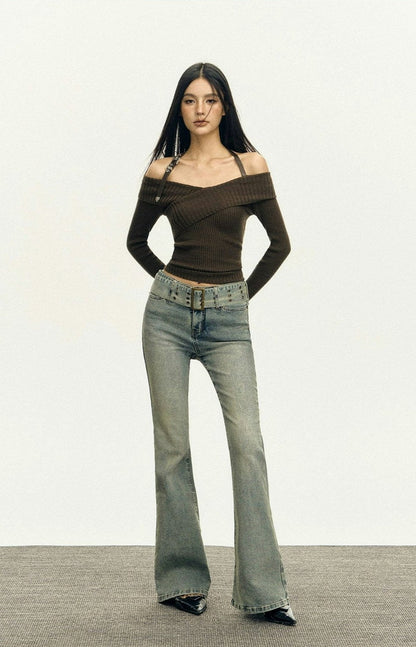 Ribbed Off-Shoulder Brown Knit Top