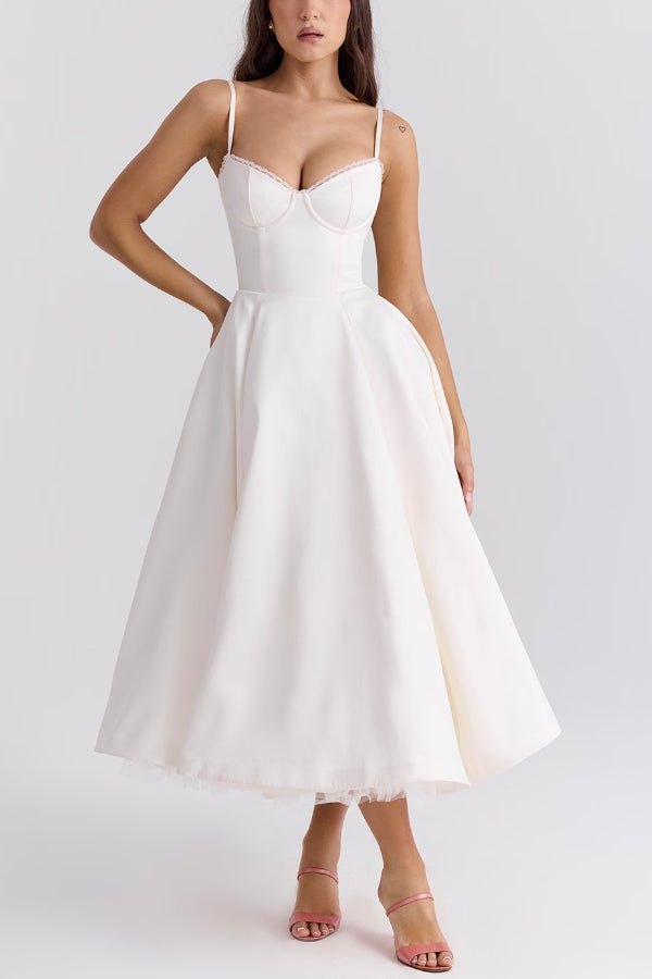 Lace Trim Sweetheart Corset Bodice Tulle Petticoat Fit and Flare Midi Dress