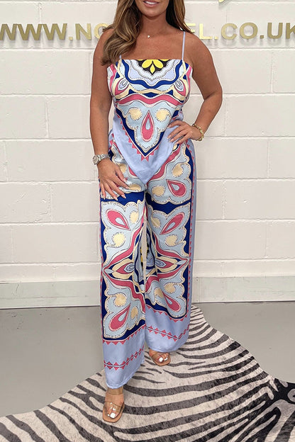 Fashion print suspenders open back tie top + straight pants set