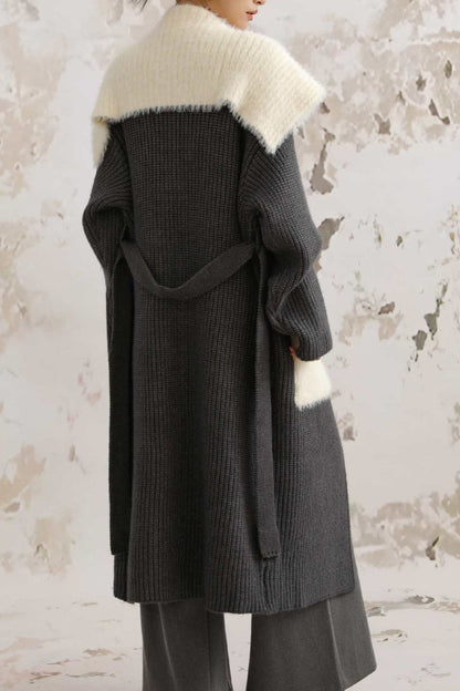Faux Fur Collar Long Patchwork Loose Knit Overcoat