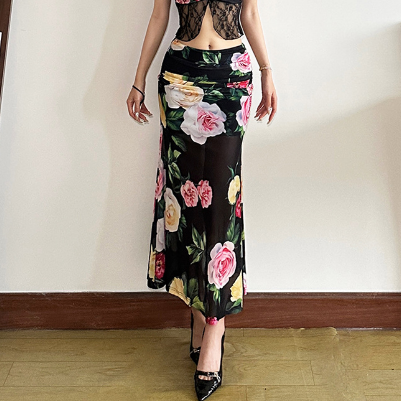 Mesh flower print ruched contrast maxi dress