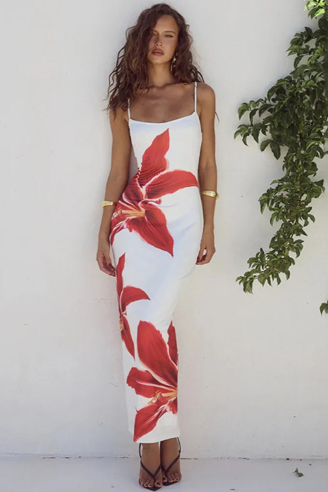 Spaghetti Strap Square Neck Oversized Lily Floral Print Bodycon Maxi Dress