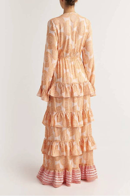 Soleil Conch Print Drawstring Waist Tiered Ruffles Cover-up Maxi Dress
