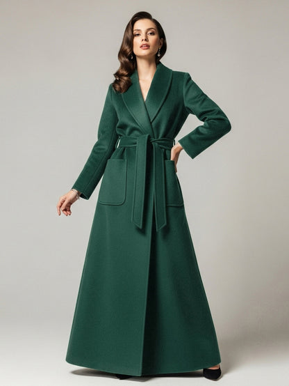 Belted Woolen Full-Length Maxi Coat With Wide Shawl Collar For Women 2026