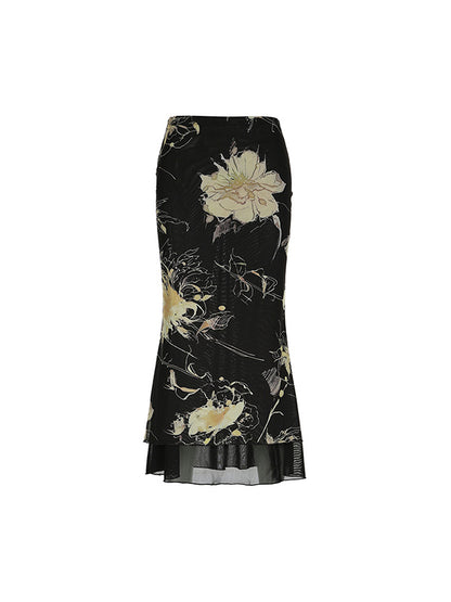 European And American Style Retro Tie-Dye Floral Print Mesh Maxi Skirts