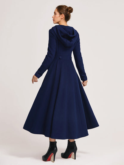 Woolen Flared Coat With Hood Dark Navy Double-breasted Elegant A-line Winter Long Outerwear For Women 2026