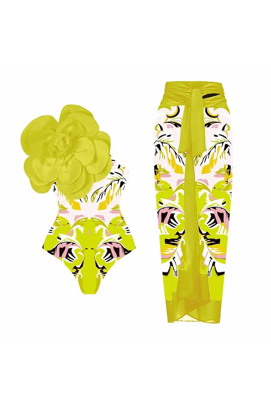 Floral Print One-Piece with 3D Yellow Flower