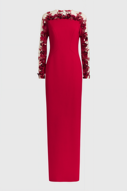 Thety Red 3D Floral Mesh Maxi Dress