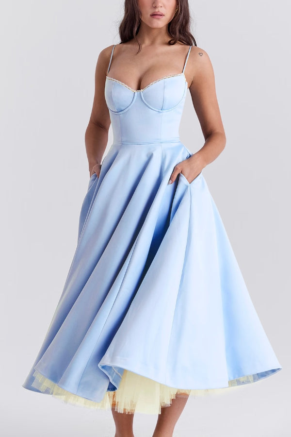Lace Trim Sweetheart Corset Bodice Tulle Petticoat Fit and Flare Midi Dress
