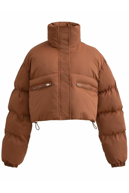 Stand Collar Pocket Zipper Short Cotton Coat