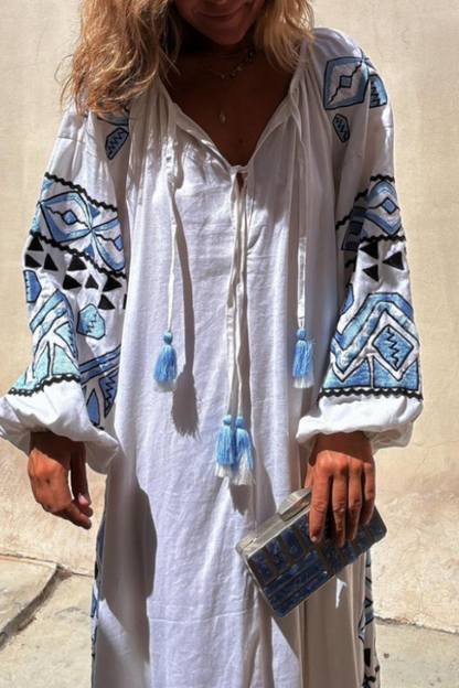 White Vintage Print Long Dress