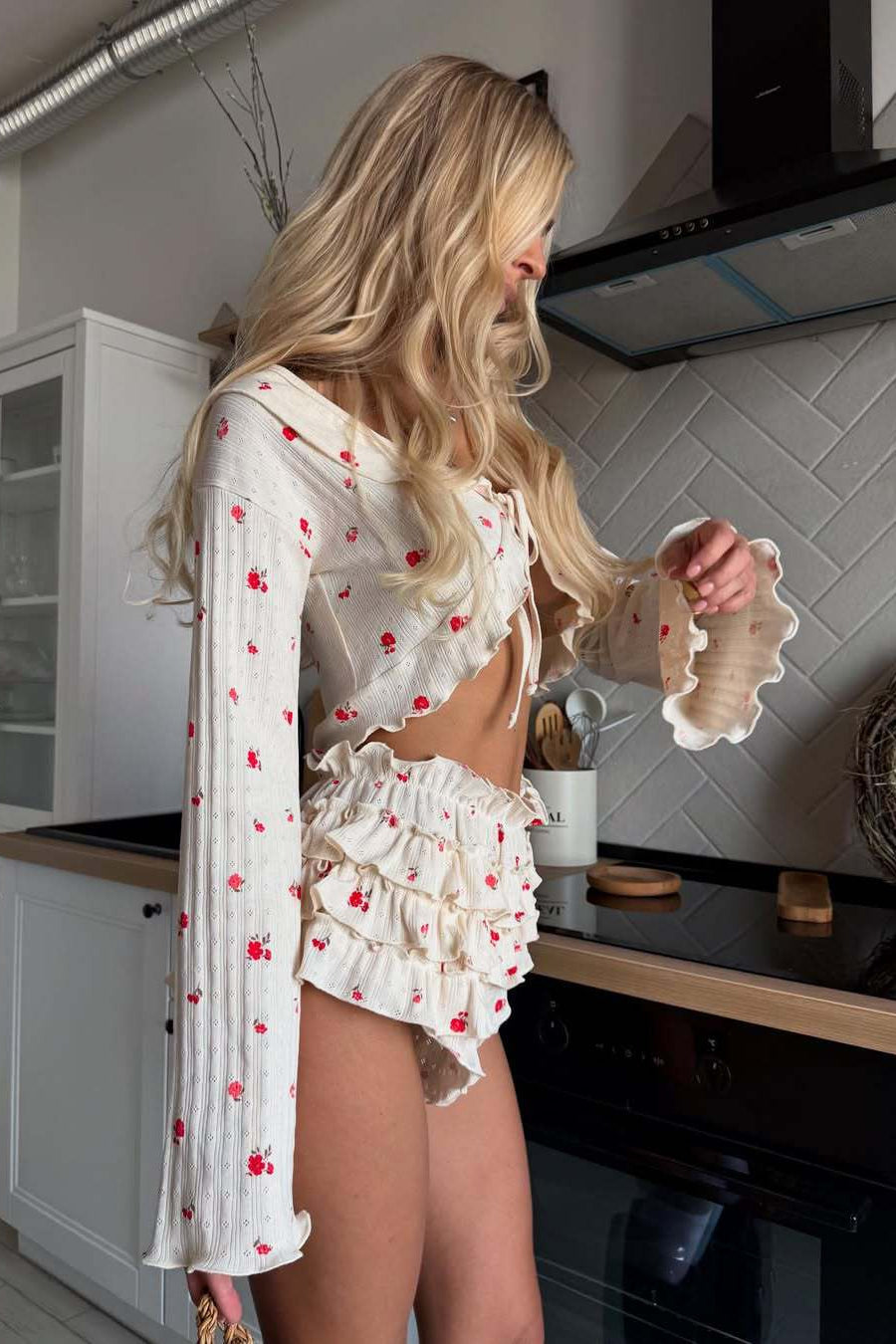 Floral Knitted Short Long Sleeve Shorts Loungewear Two Piece Set