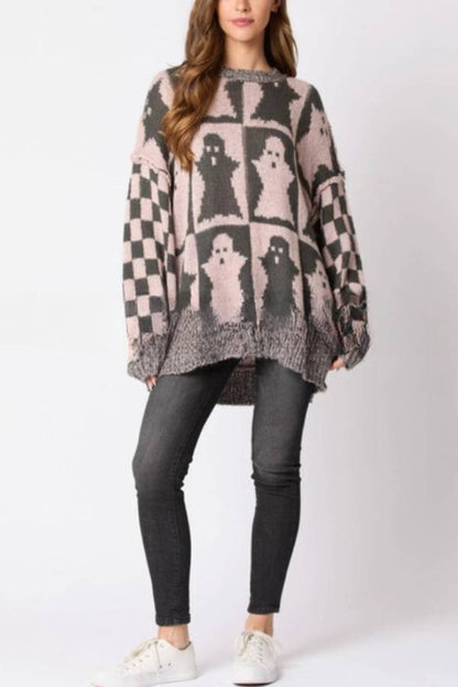 Halloween Ghost Plaid Crew Neck Sweater