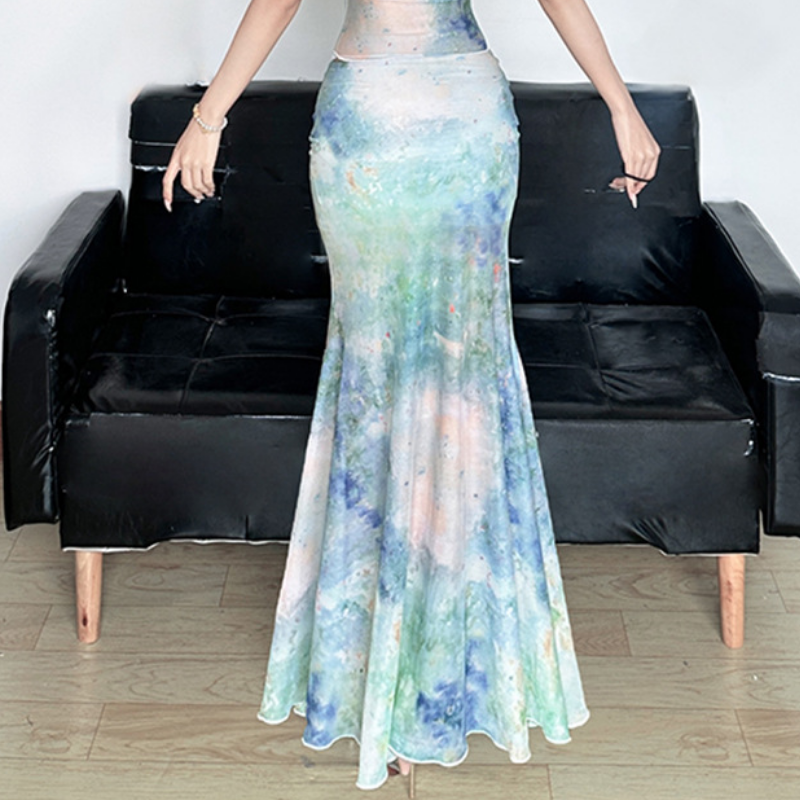 Ruched print glitter contrast maxi skirt