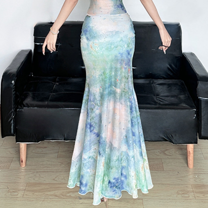 Ruched print glitter contrast maxi skirt