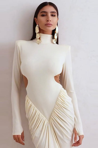 Long-Sleeve Ruched Color-Block Cutout Waist Slim Party Dress