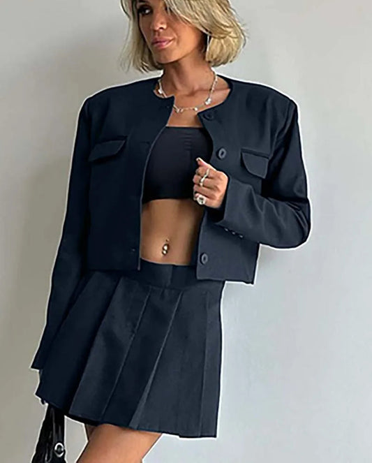 Blue Cotton Single Breasted Shorts Office Two Piece Set