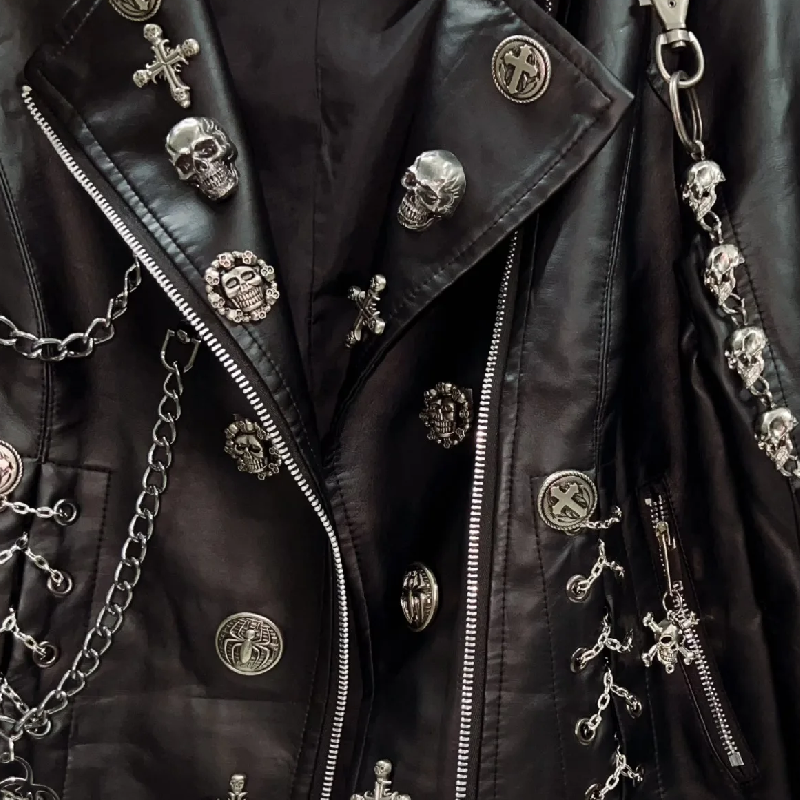 Long sleeve metal chain zip-up PU leather top