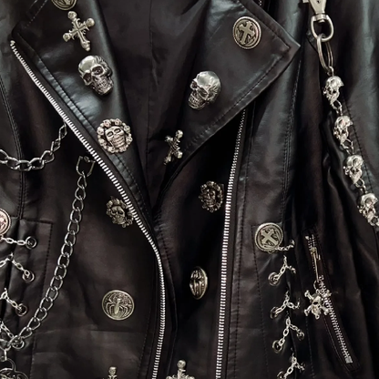 Long sleeve metal chain zip-up PU leather top