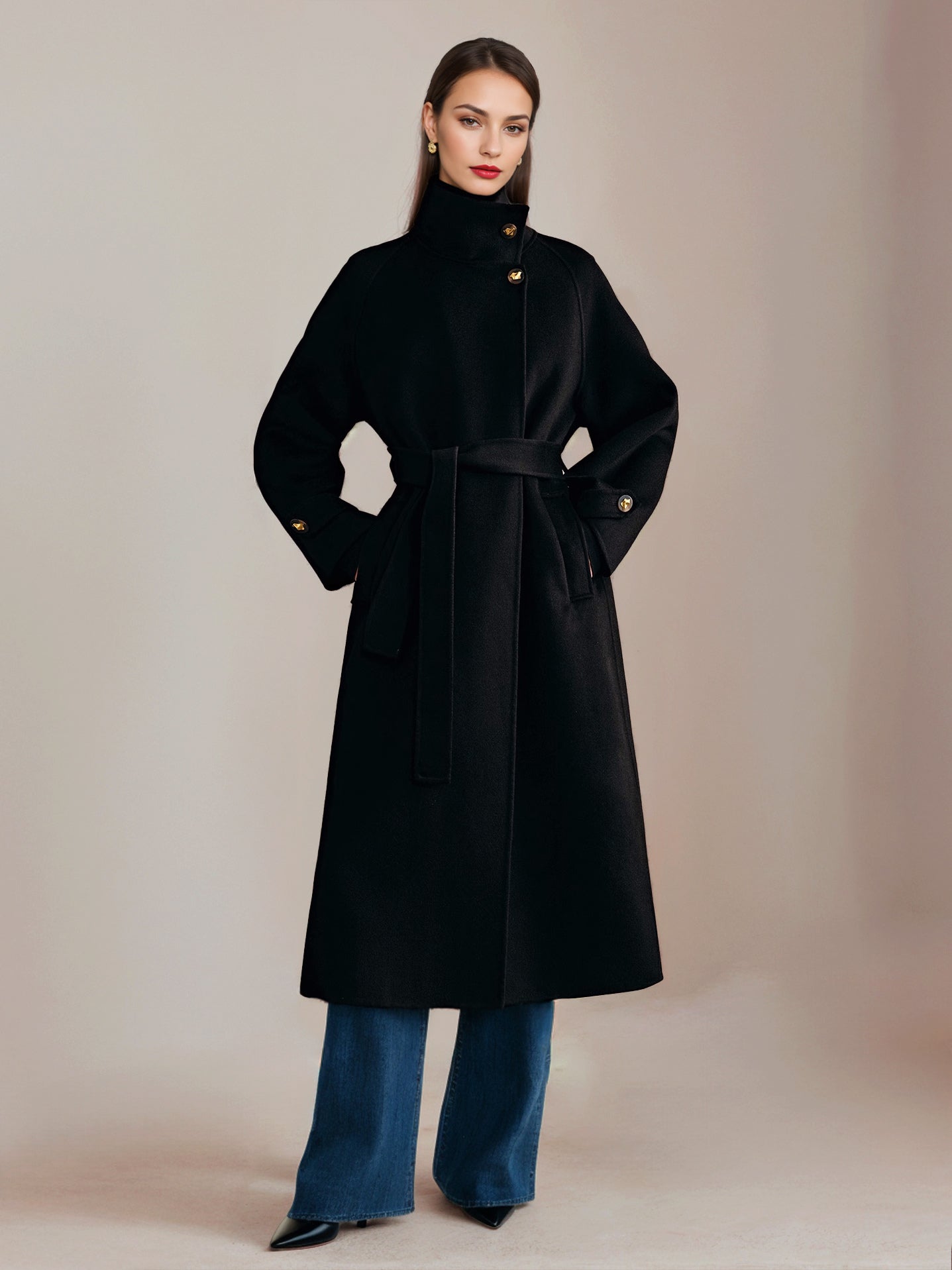 White Wool Cashmere Blend Coat Stand Collar Double-Faced Belted Winter Outerwear For Women 2026