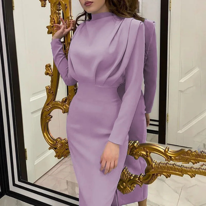 Mock Neck Draped Bodice Long Sleeve Bodycon Midi Dress