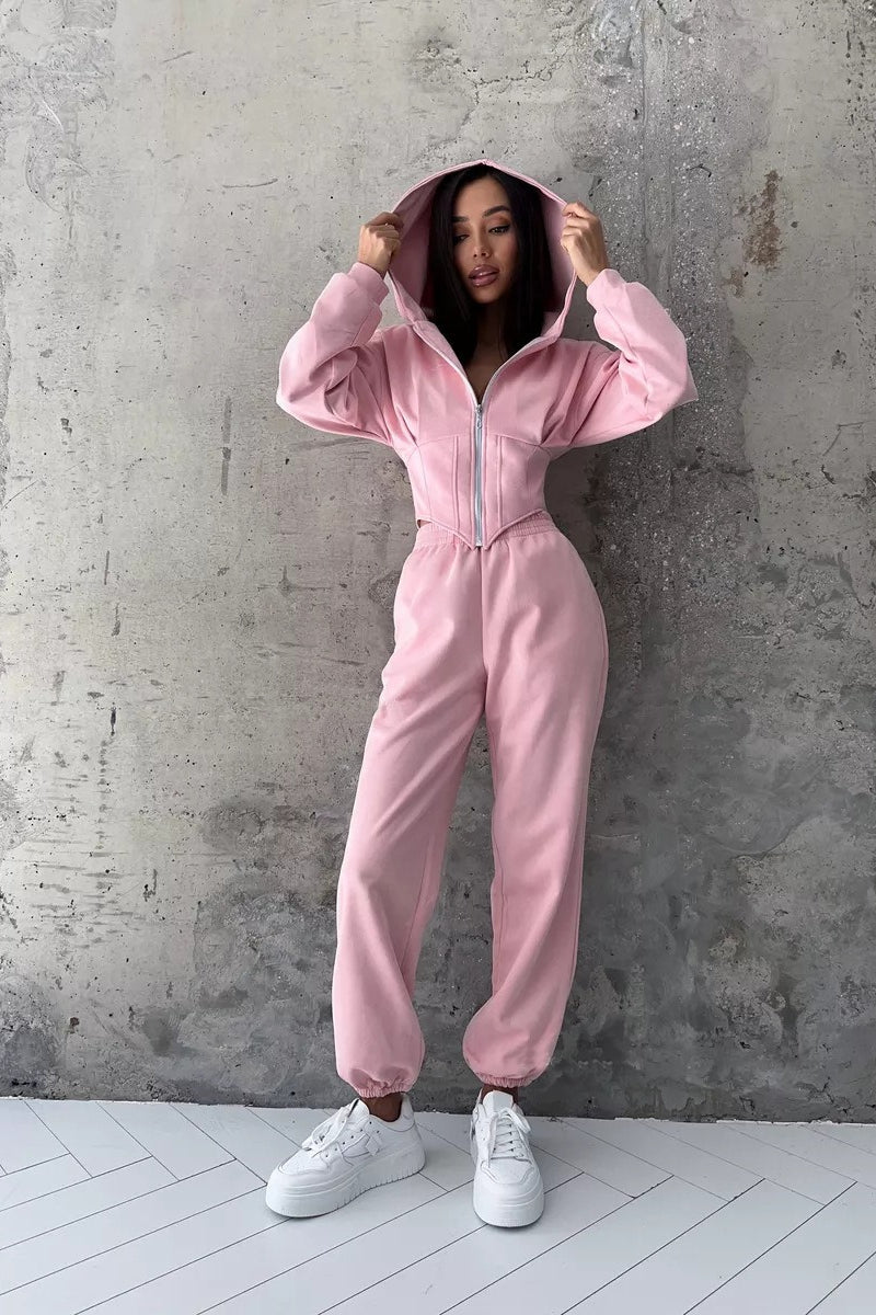 Hooded Drawstring Two Piece Pants Set