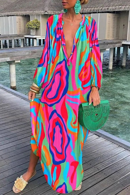 Printed V-neck Long-sleeved Loose Dress