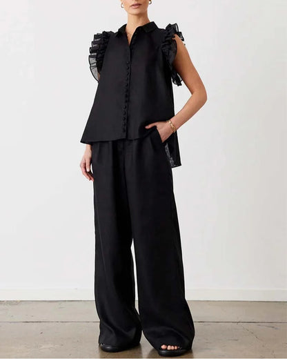 Black Cotton Ruffled Simple Trousers Office Two Piece Set