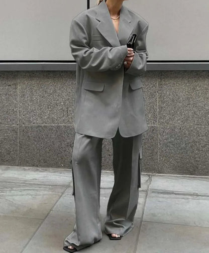 Grey Pocket Shirt Cargo Pants Office Two Piece Set