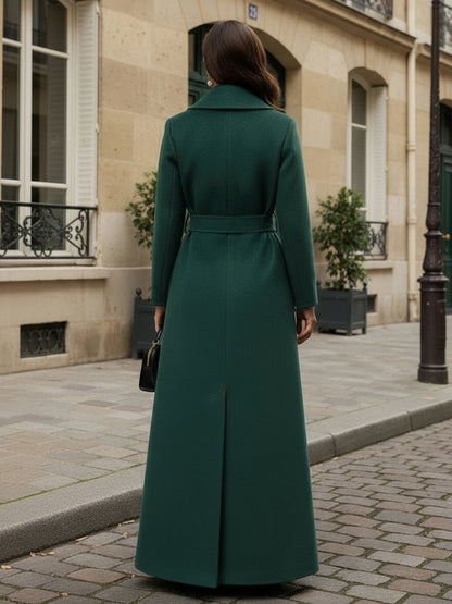 Belted Woolen Full-Length Maxi Coat With Wide Shawl Collar For Women 2026