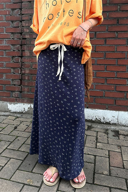 Drawstring Floral Print Navy Casual Skirt