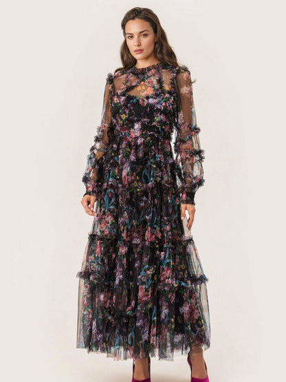 Party Dress Ruffles Layered Illusion Sleeves Elegant Folklore Long Dress