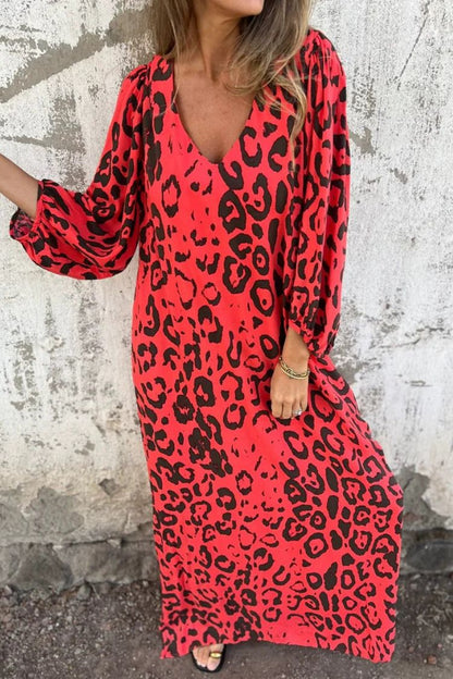 Leopard Print V-neck Pullover Long-sleeved Loose Dress
