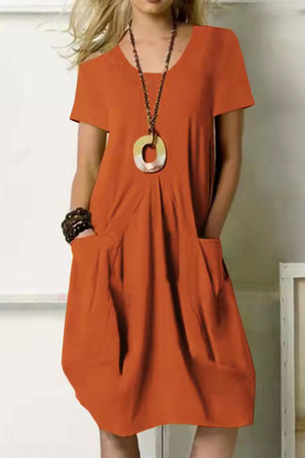 Cotton Linen Solid Color Loose Round Neck Short Sleeve Tank Dress