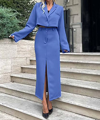 Khaki Single Button Crop Skirt Office Two Piece Set