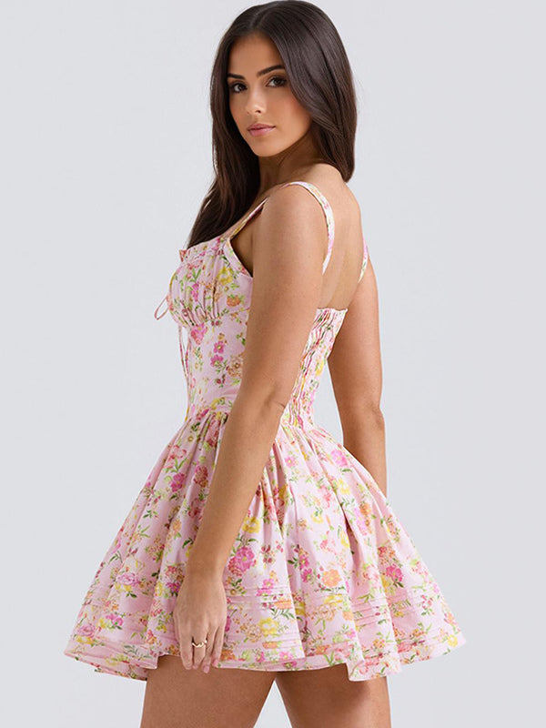 Floral Dress Mini Dresses Lace Up Straps Neck Sleeveless Cottagecore Short Dress