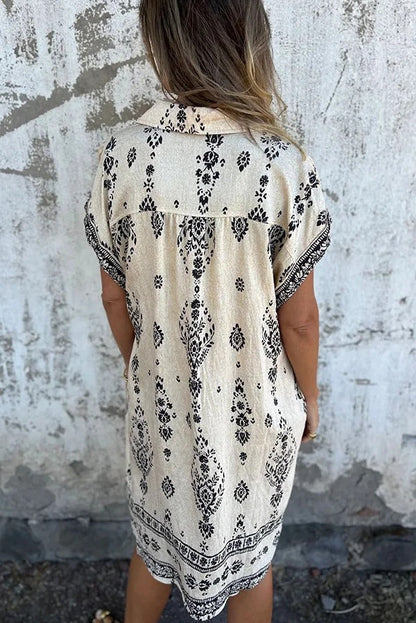 Linen Blend Unique Print Lapel Casual Pocket Mini Dress
